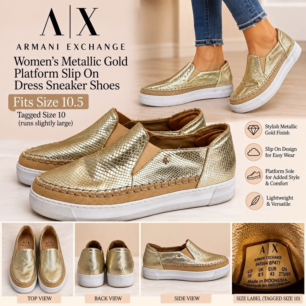 Armani Exchange Women's Metallic Gold Platform Slip-On Low Top Sneakers Logo